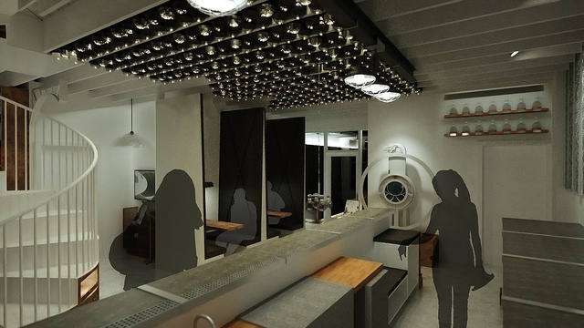 Long Now bar design perspective with bottle keep bottles by Because We Can